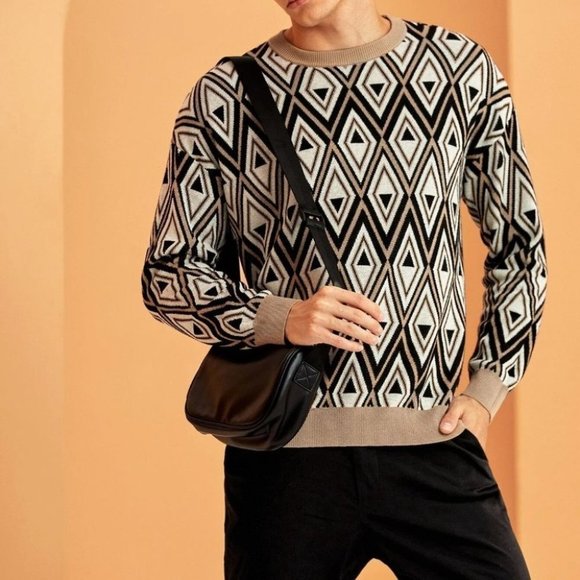 White Mens Geometric Print Sweater - Picture 5 of 5